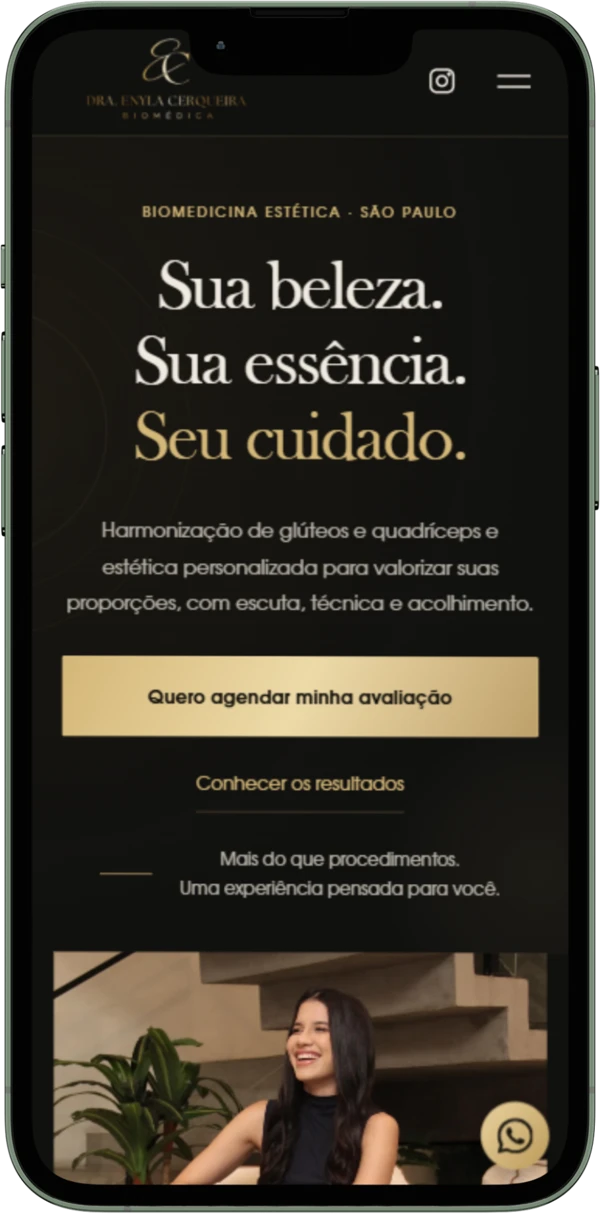 Página real de Dra. Enyla Cerqueira, Biomedicina estética, apresentada em um celular completo