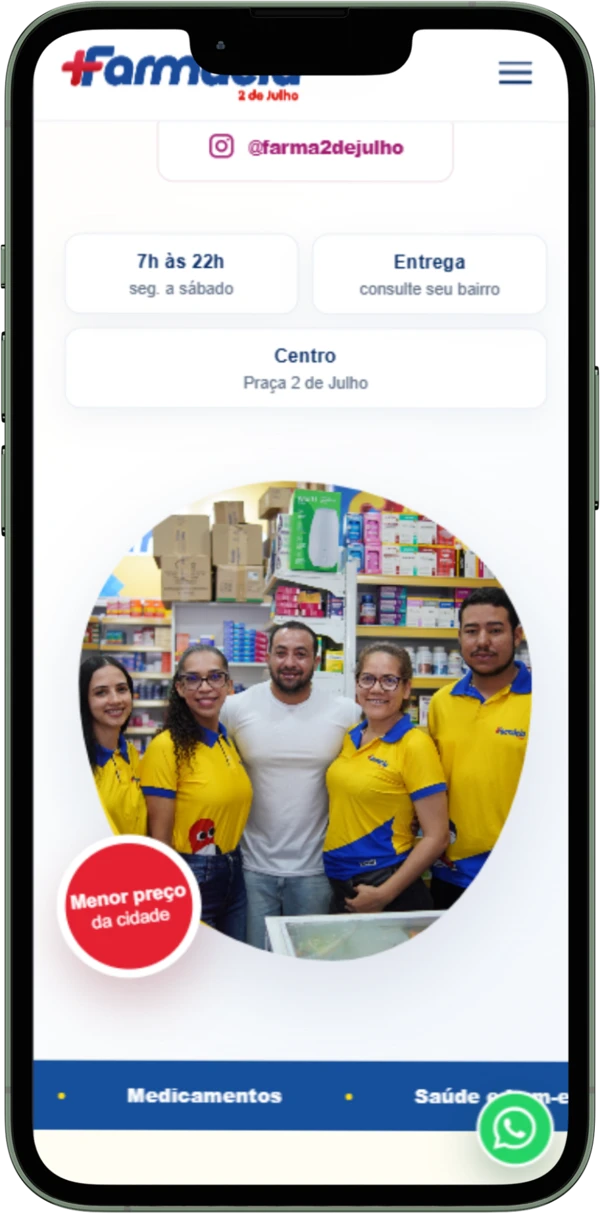 Página real de Farmácia 2 de Julho, Farmácia, apresentada em um celular completo