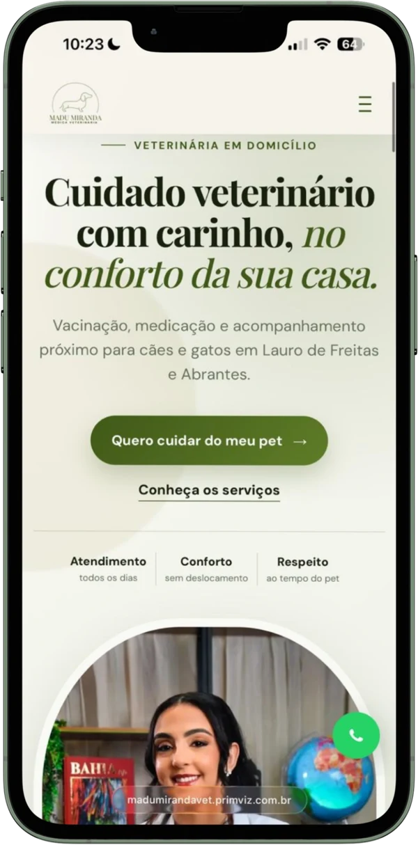Página real de Madu Miranda, Médica veterinária, apresentada em um celular