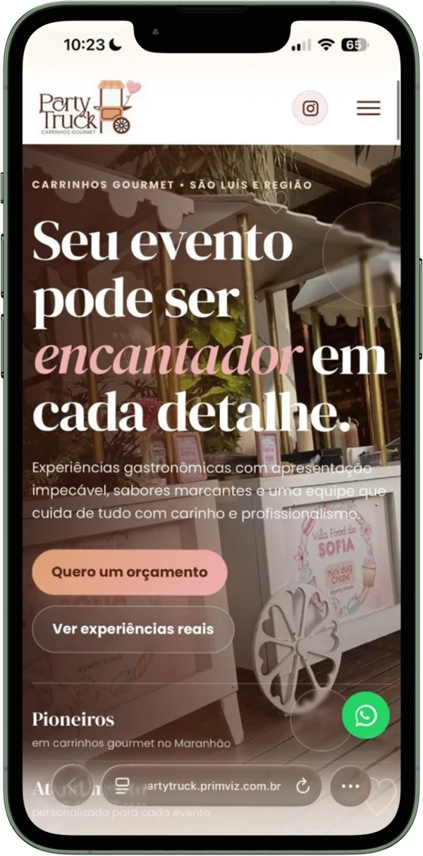 Página real de Party Truck, Eventos, apresentada em um celular